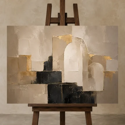 Stone Beige Architectural Arch Large Living Room Wall Art Canvas Print displayed on a studio easel
