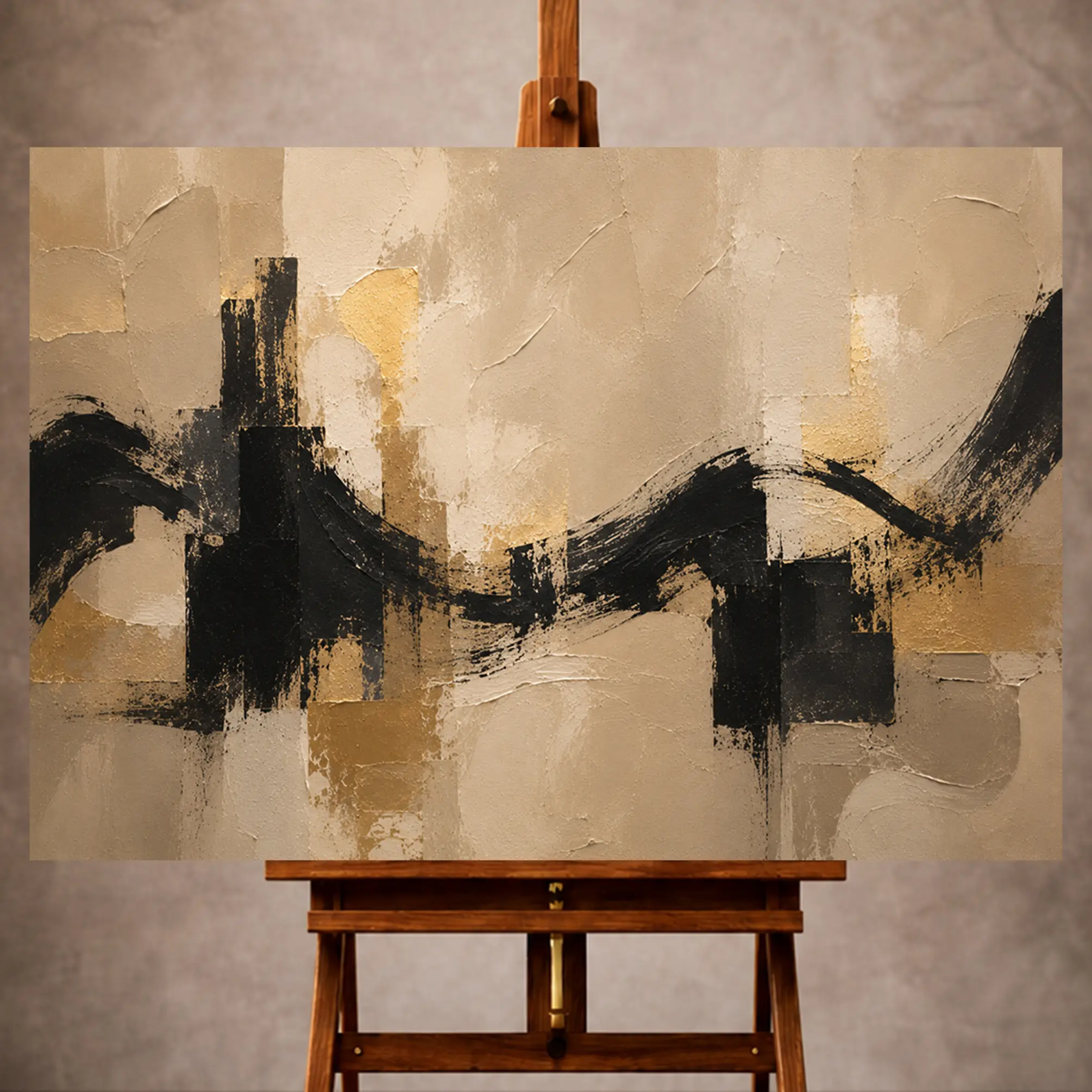 Premium Wall Art Yatay Html Edition – LVNGRM018 Image 1 Warm beige, natural linen, and matte black Large Living Room Wall Art print for elegant interiors. No text or watermarks in design.