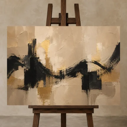 Linen & Matte Black Panoramic Large Living Room Wall Art Canvas Print displayed on a studio easel