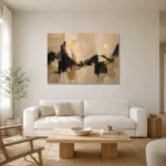 Linen & Matte Black Panoramic Large Living Room Wall Art Canvas Print styled in a refined neutral interior