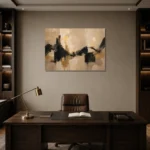 Linen & Matte Black Panoramic Large Living Room Wall Art Canvas Print displayed in a contemporary gallery-inspired room