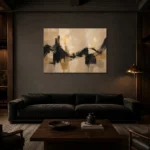 Linen & Matte Black Panoramic Large Living Room Wall Art Canvas Print shown in a warm modern interior