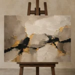 Greige & Muted Gold Abstract Large Living Room Wall Art Canvas Print displayed on a studio easel