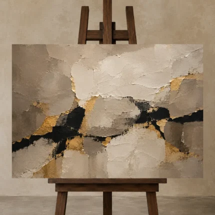 Greige & Muted Gold Abstract Large Living Room Wall Art Canvas Print shown in Studio Easel