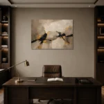 Greige & Muted Gold Abstract Large Living Room Wall Art Canvas Print displayed in a contemporary gallery-inspired room