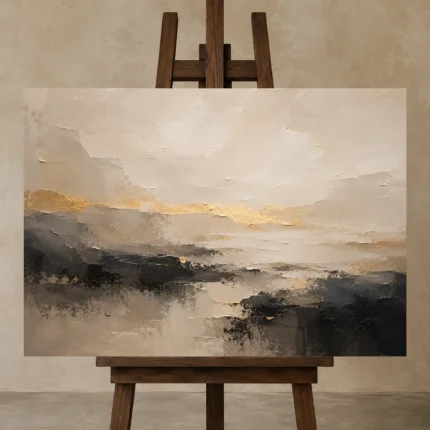 Sand & Charcoal Minimalist Large Living Room Wall Art Canvas Print displayed on a studio easel