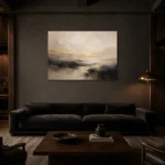 Sand & Charcoal Minimalist Large Living Room Wall Art Canvas Print shown in a warm modern interior
