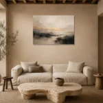 Sand & Charcoal Minimalist Large Living Room Wall Art Canvas Print presented in a sophisticated home setting