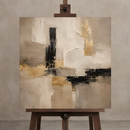 Warm Neutral Square Abstract Large Living Room Wall Art Canvas Print displayed on a studio easel