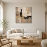 Warm Neutral Square Abstract Large Living Room Wall Art Canvas Print styled in a refined neutral interior