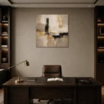 Warm Neutral Square Abstract Large Living Room Wall Art Canvas Print displayed in a contemporary gallery-inspired room