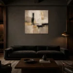 Warm Neutral Square Abstract Large Living Room Wall Art Canvas Print shown in a warm modern interior