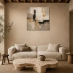 Warm Neutral Square Abstract Large Living Room Wall Art Canvas Print presented in a sophisticated home setting