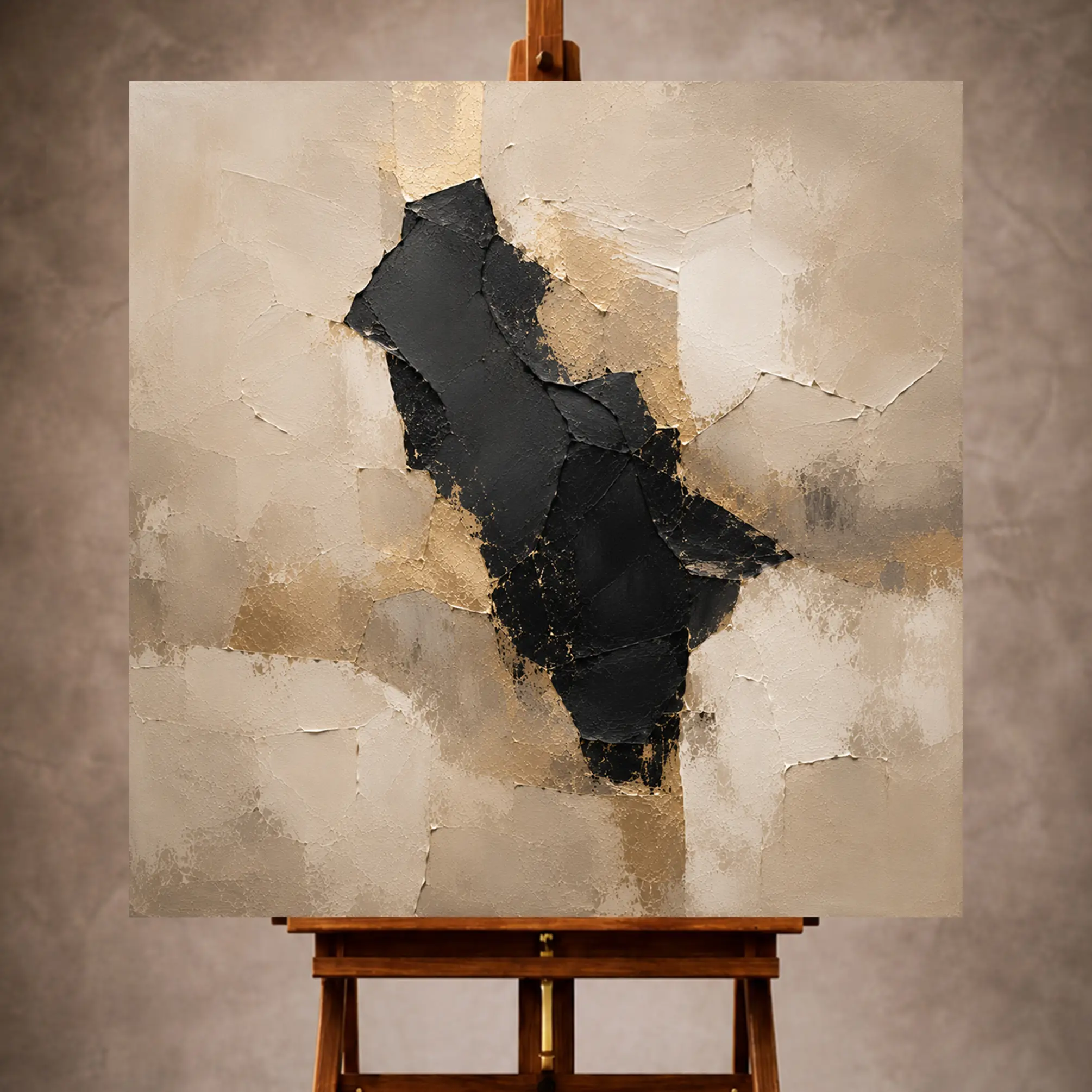 Premium Wall Art Kare Html Edition – LVNGRM022 Image 1 Neutral beige, charcoal, and muted gold Large Living Room Wall Art print for elegant interiors. No text or watermarks in design.