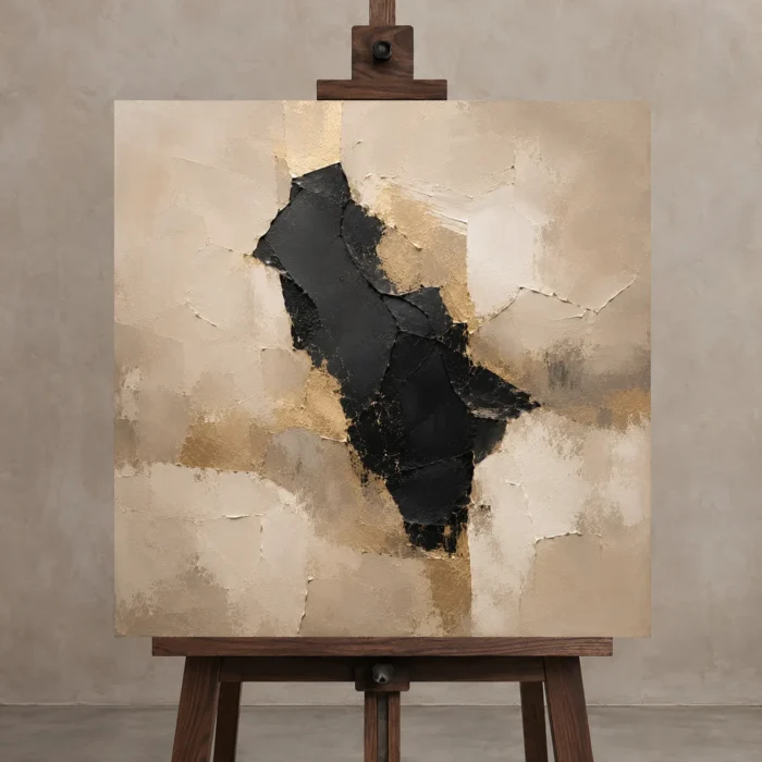 Beige & Charcoal Stone Form Large Living Room Wall Art Canvas Print displayed on a studio easel