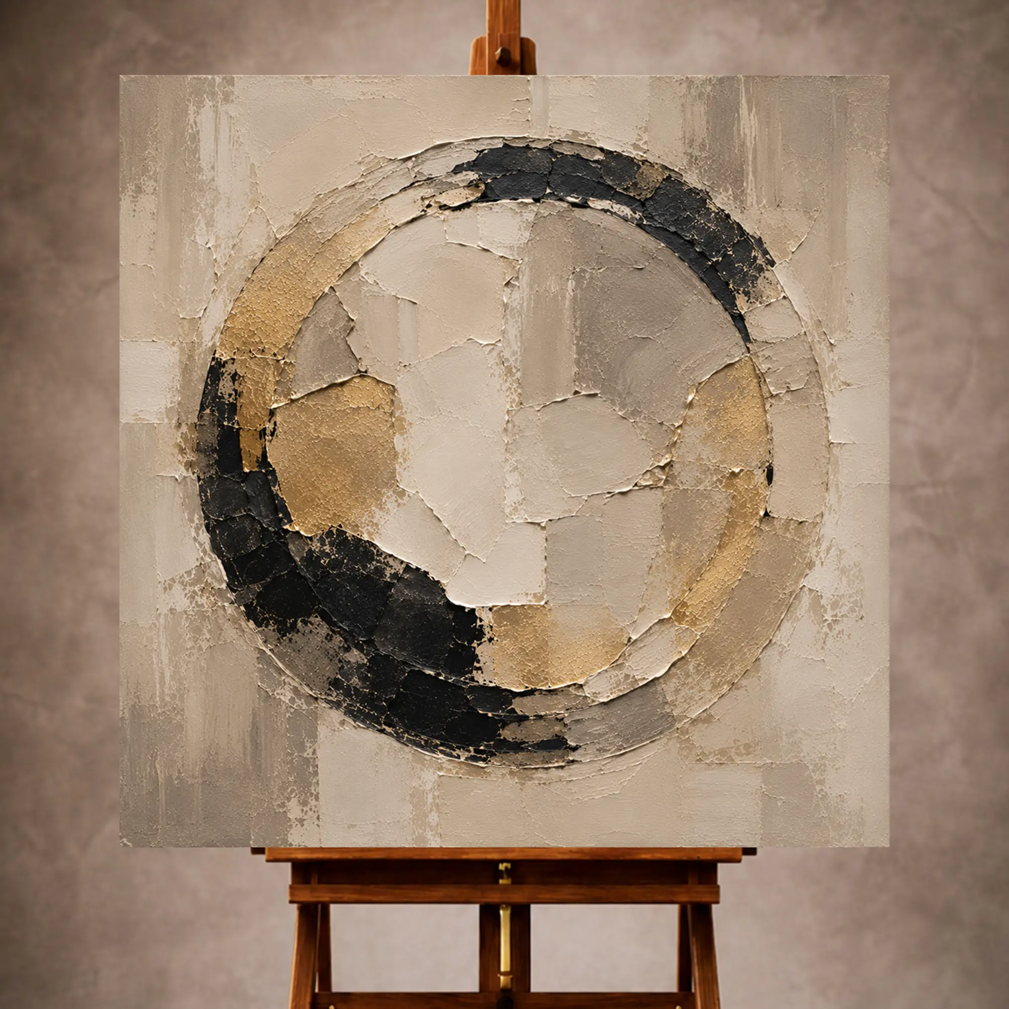 Premium Wall Art Kare Html Edition – LVNGRM023 Image 1 Ivory, warm stone, black, and muted gold Large Living Room Wall Art print for elegant interiors. No text or watermarks in design.