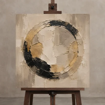 Ivory & Muted Gold Medallion Large Living Room Wall Art Canvas Print displayed on a studio easel