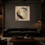 Ivory & Muted Gold Medallion Large Living Room Wall Art Canvas Print shown in a warm modern interior