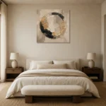 Ivory & Muted Gold Medallion Large Living Room Wall Art Canvas Print showcased in an elegant minimalist interior
