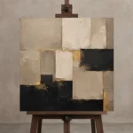 Sand & Black Geometric Large Living Room Wall Art Canvas Print displayed on a studio easel