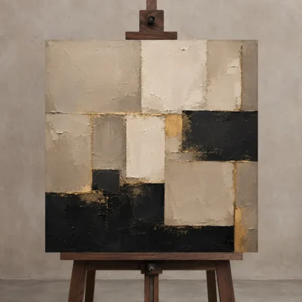 Sand & Black Geometric Large Living Room Wall Art Canvas Print displayed on a studio easel