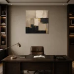 Sand & Black Geometric Large Living Room Wall Art Canvas Print displayed in a contemporary gallery-inspired room