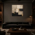 Sand & Black Geometric Large Living Room Wall Art Canvas Print shown in a warm modern interior