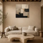 Sand & Black Geometric Large Living Room Wall Art Canvas Print presented in a sophisticated home setting
