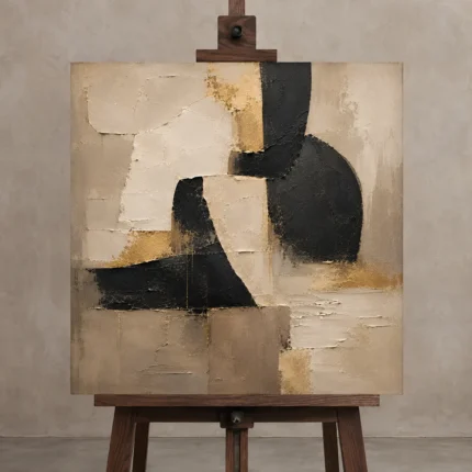 Linen & Black Abstract Icon Large Living Room Wall Art Canvas Print displayed on a studio easel