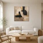 Linen & Black Abstract Icon Large Living Room Wall Art Canvas Print styled in a refined neutral interior