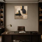 Linen & Black Abstract Icon Large Living Room Wall Art Canvas Print displayed in a contemporary gallery-inspired room