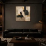 Linen & Black Abstract Icon Large Living Room Wall Art Canvas Print shown in a warm modern interior