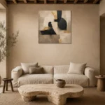 Linen & Black Abstract Icon Large Living Room Wall Art Canvas Print presented in a sophisticated home setting