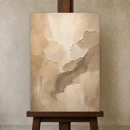 Serene Ivory & Taupe Neutral Living Room Wall Art Canvas Print shown in Studio Easel