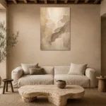 Serene Ivory & Taupe Neutral Living Room Wall Art Canvas Print presented in a sophisticated home setting