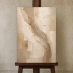 Taupe Veil Neutral Living Room Wall Art Canvas Print displayed on a studio easel