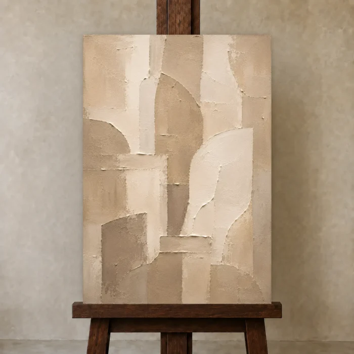 Beige Architectural Neutral Living Room Wall Art Canvas Print displayed on a studio easel