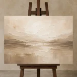 Wide Beige Horizon Neutral Living Room Wall Art Canvas Print displayed on a studio easel
