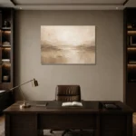 Wide Beige Horizon Neutral Living Room Wall Art Canvas Print displayed in a contemporary gallery-inspired room