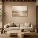 Wide Beige Horizon Neutral Living Room Wall Art Canvas Print presented in a sophisticated home setting
