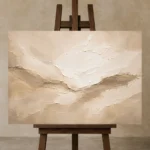 Ivory Drift Neutral Living Room Wall Art Canvas Print displayed on a studio easel