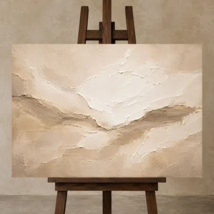 Ivory Drift Neutral Living Room Wall Art Canvas Print displayed on a studio easel