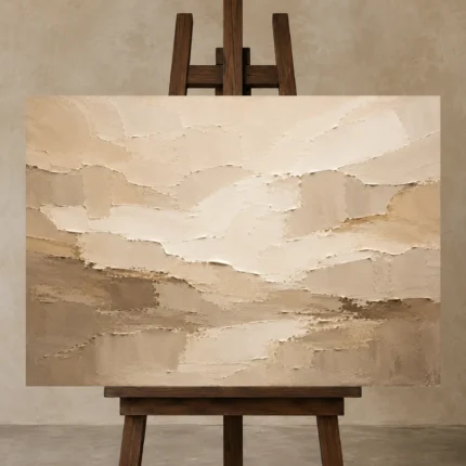 Warm Stone Planes Neutral Living Room Wall Art Canvas Print displayed on a studio easel