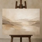 Warm Beige Minimalist Living Room Wall Art Canvas Print displayed on a studio easel