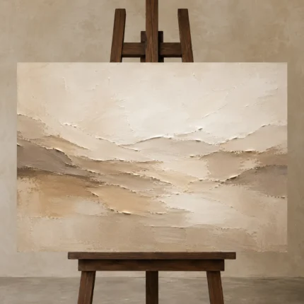 Warm Beige Minimalist Living Room Wall Art Canvas Print displayed on a studio easel