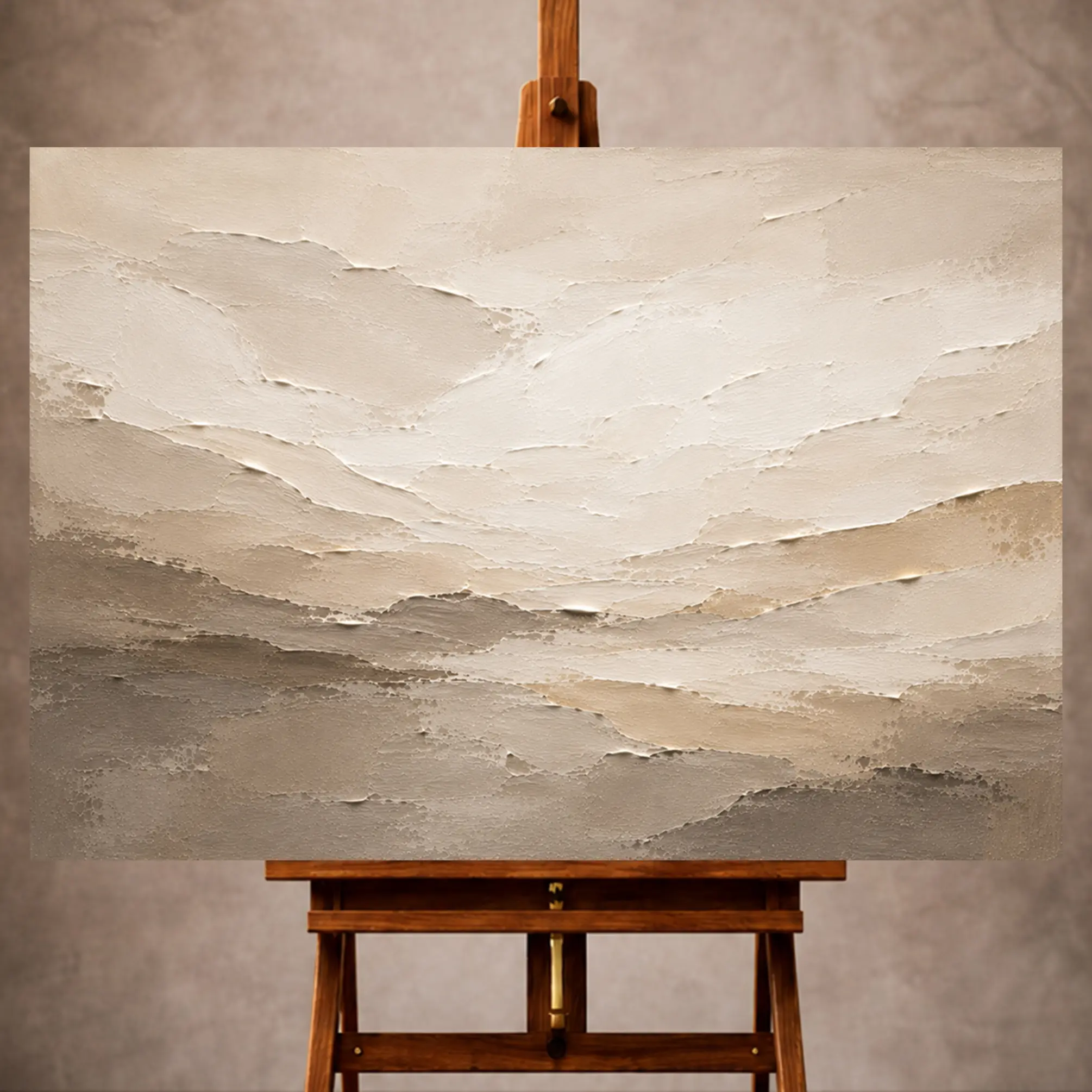 Premium Wall Art Yatay Html Edition – LVNGRM035 Image 1 Ivory and beige Living Room Wall Art print featuring layered plaster ridges and taupe shadows for elegant interiors