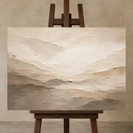 Ivory Plaster Landscape Living Room Wall Art Canvas Print displayed on a studio easel