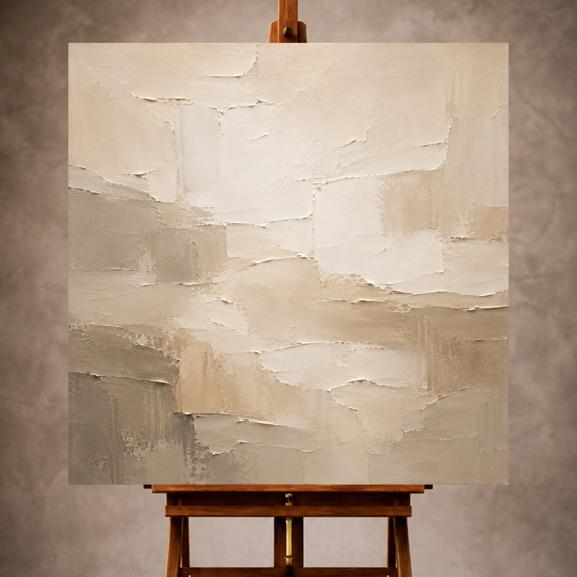 Premium Wall Art Kare Html Edition – LVNGRM036 Image 1 Ivory and beige Living Room Wall Art print featuring layered plaster planes and taupe shadows for elegant interiors
