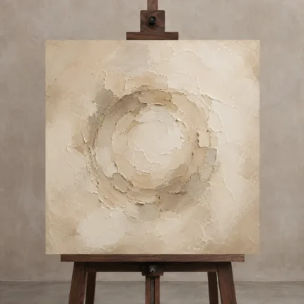 Ivory Plaster Medallion Living Room Wall Art Canvas Print displayed on a studio easel