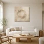 Ivory Plaster Medallion Living Room Wall Art Canvas Print styled in a refined neutral interior